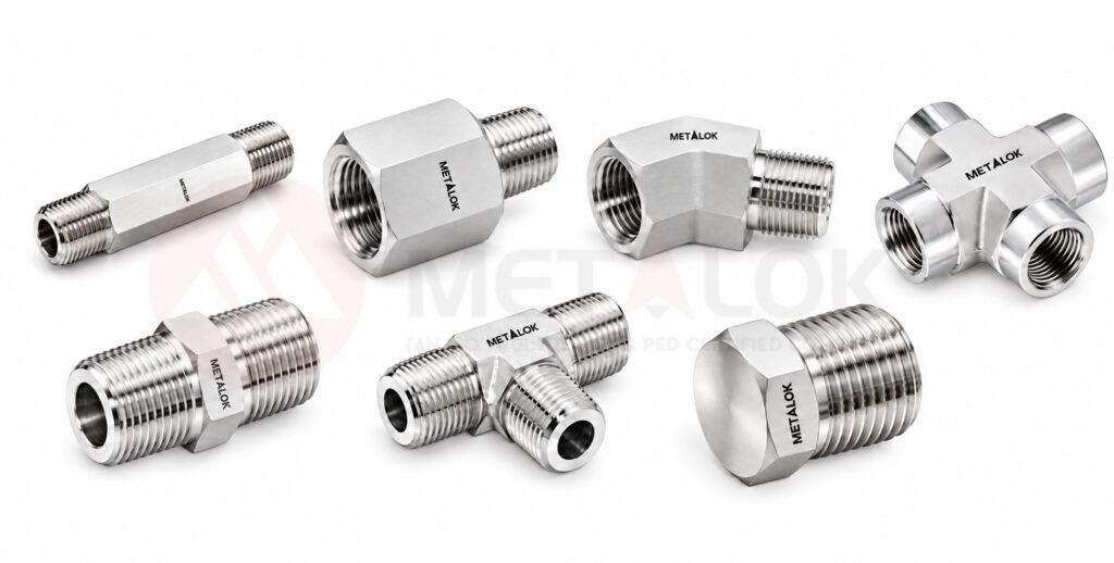 Stainless steel precision pipe fittings including elbows, tees and threaded adapters